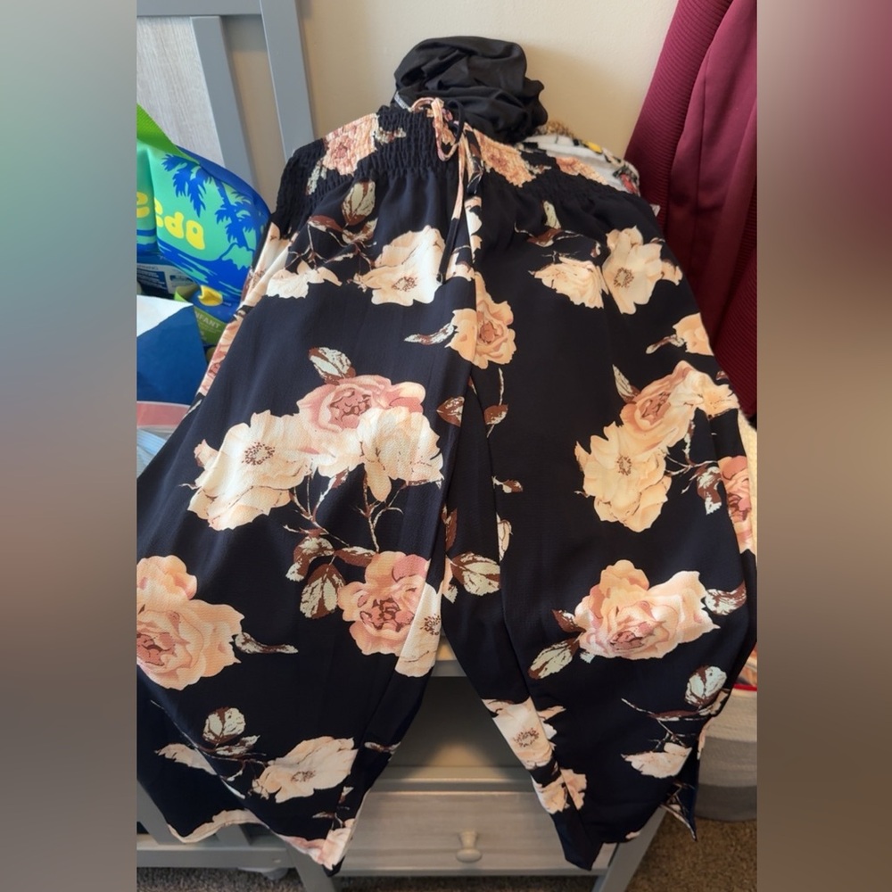 SHEIN Black Floral Wide Leg Pants
